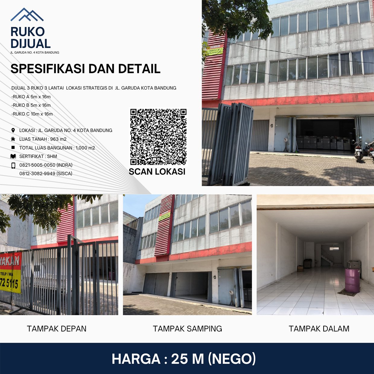 JUAL CEPAT RUKO NOL JALAN 3 RUKO 3 LANTAI LOKASI JL GARUDA BANDUNG - 1