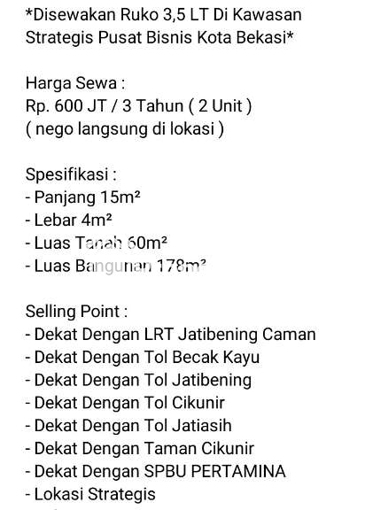 Dua Ruko Disewakan Per Tiga Tahun in Ratna Jatibening - 2