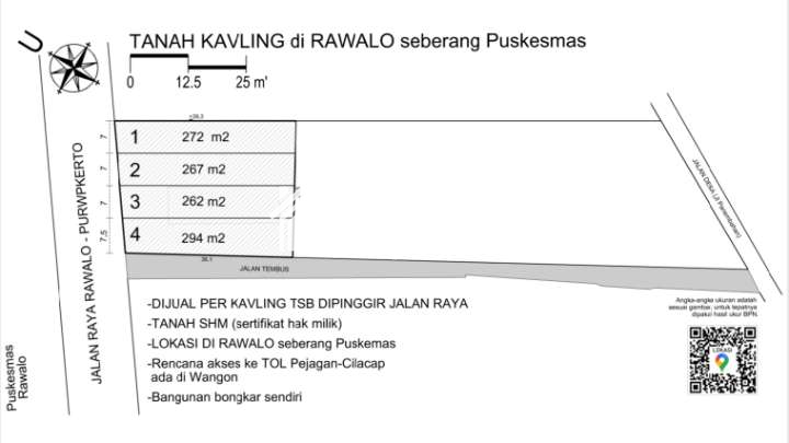 Dijual TANAH KAVLING EKONOMIS di RAWALO (kabupaten Banyumas) seberang Puskesmas | dipinggir jalan raya - 1