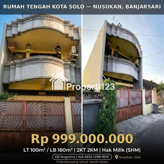Rumah 2 Lantai Tengah Kota Solo — Nusukan, Banjarsari, SHM, LT100/LB180 - 1