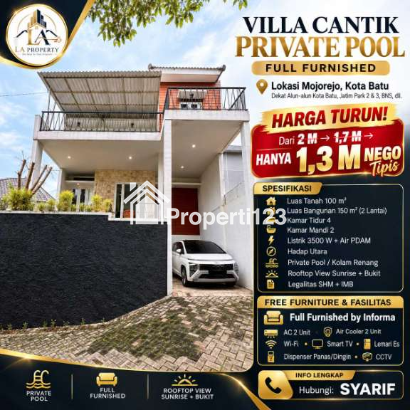 Villa Cantik Private Pool Full Furnished Lokasi Mojorejo Batu - 1