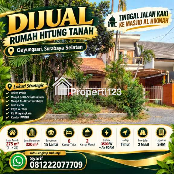DiJual Rumah Hitung Tanah Lokasi Gayungsari Surabaya Selatan - 1