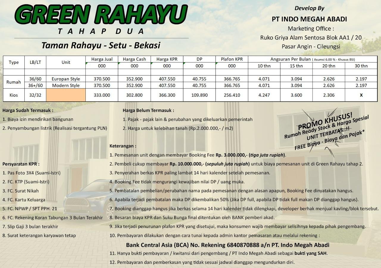 Dijual Rumah komersil  DP 3 JT Desain Europe Green Rahayu 2 Setu BEKASI - 17